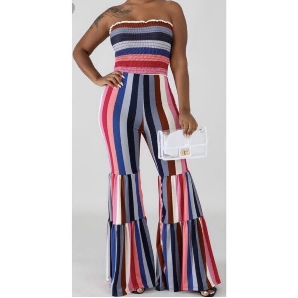 Strapless Striped Tiered Leg Jumpsuit. Small, NWOT